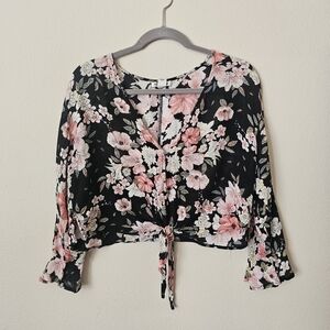 Billabong Black Floral Tie-Front Blouse with Pink Flowers